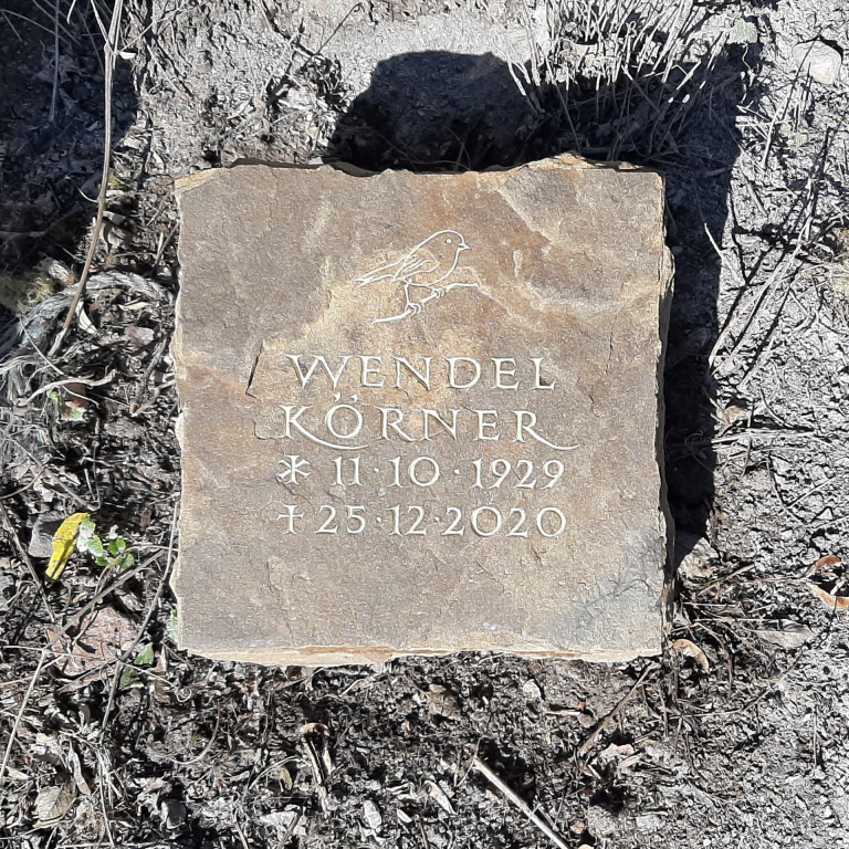 Liegender Grabstein aus Ruhrsandstein-Krustenplatte mit RotkehlchenOrnament und eingehauener Beschriftung