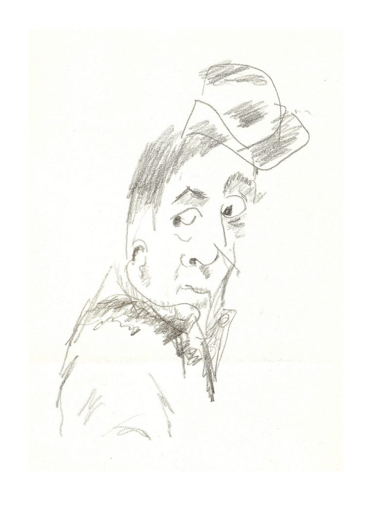 Blindgezeichnetes Porträt eines Mannes mit Hut