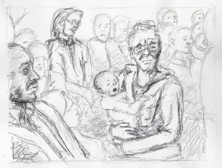 Skizze eines Mannes mit Kind, umgeben von Menschen