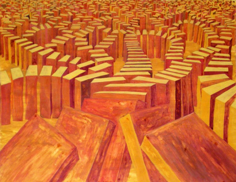 Gemälde von in Reihe stehenden Rechteckskörpern, von denen einige im  Begriff des Umfallens sind, so daß man einen Domino-Effekt voraussagen kann