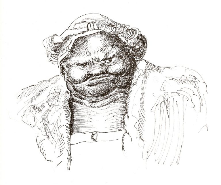 Zeichnung einer dicken Frau, frei kopiert von Gustave Doré