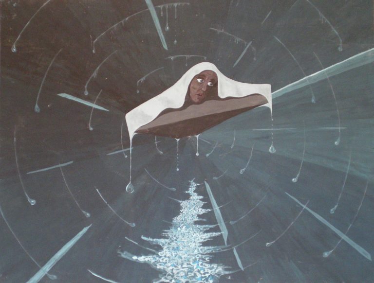 Surreales Gemälde eines Mannes auf einer fliegenden Matratze in einem  tropfenden Raum über einem Fluß