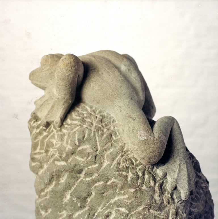 Rückansicht einer Plastik eines kletternden  Frosches aus Anröchter Grünsandstein
