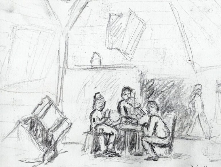 Skizze von drei Musizierenden am Tisch eines Gashtofs
