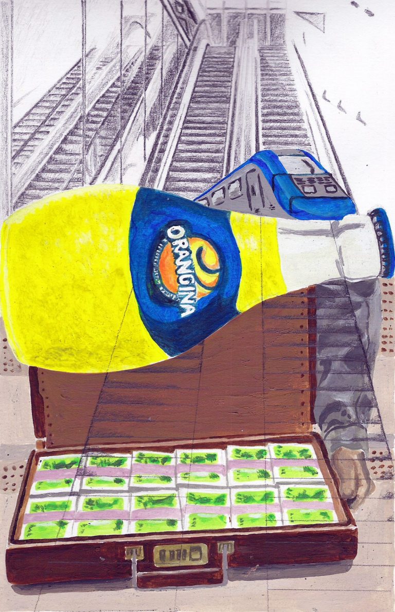Gemälde mit einer großen Orangina-Flasche in der Mitte, einem offenen  Geldkoffer unten und einer gezeichneten Rolltreppe oben