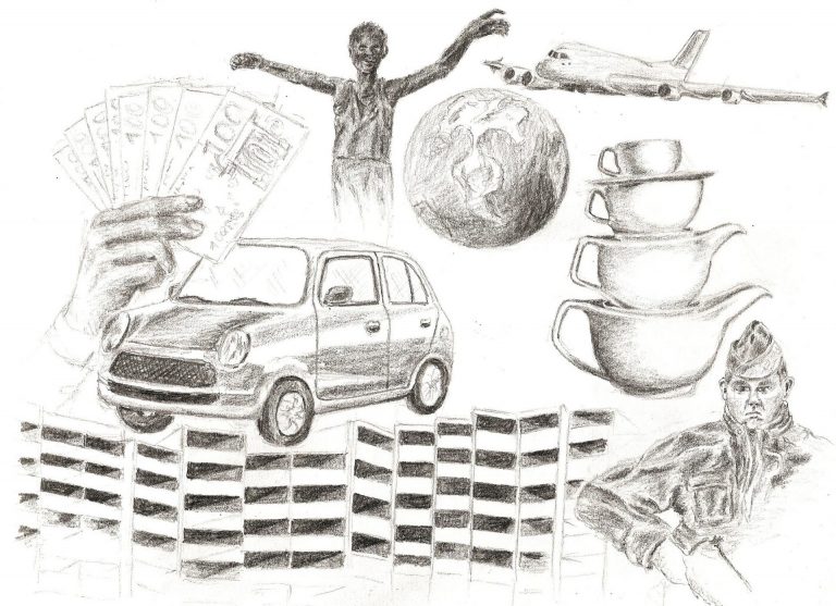 Zeichnung im Stil einer Collage mit Menschen, Geld, Auto, Flugzeug und  mehr