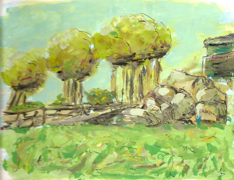 Gemälde einer Landschaft mit Bäumen und Steinhaufen