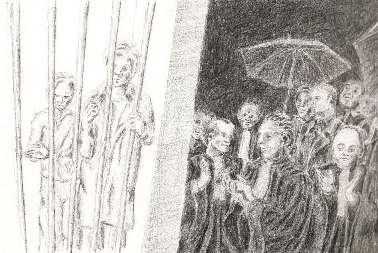 Zeichnung von zwei Kindern hinter Gittern links einer Mauer und  mehreren Menschen im Regen rechts davon