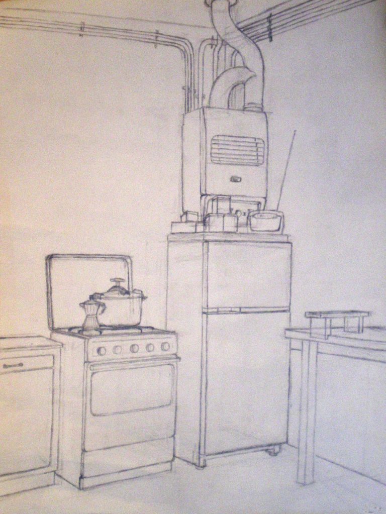 Skizze einer Küche mit Herd, Kühlschrank und weiteren Details