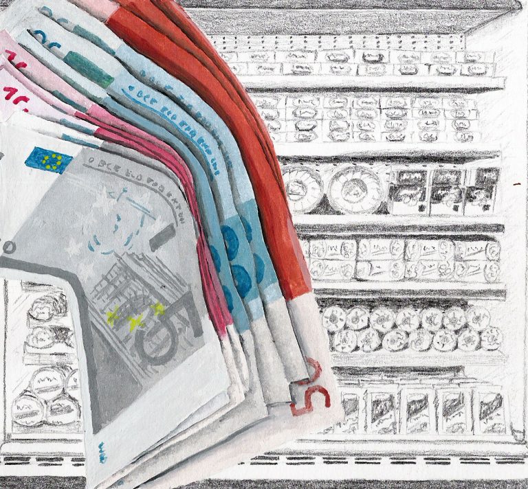 Gemälde mit Geldscheinen im Vordergrund und einem gezeichneten  Supermarktregal im Hintergrund