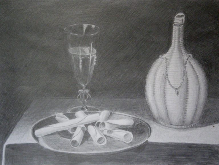 Gezeichnetes Stilleben mit Weißwein und Gebäck