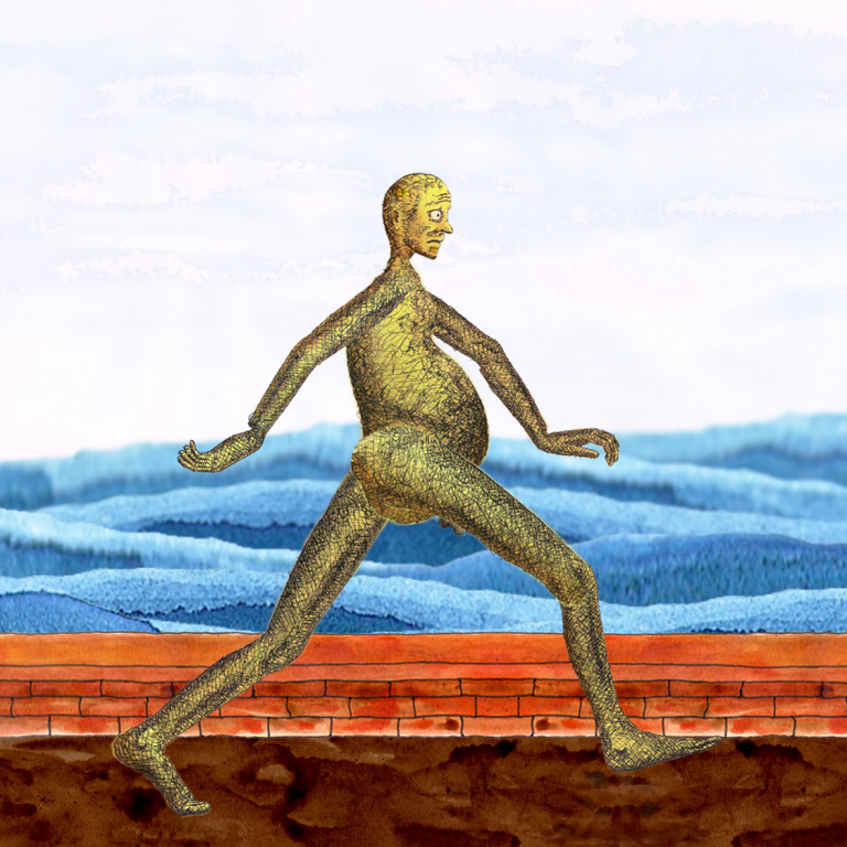 Zeichnung eines Mannes, der am Ufer des Meeres entlangläuft, Aufnahme aus einem Trickfilm