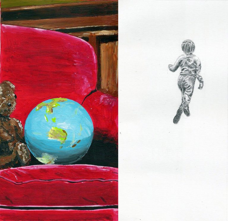 Zweigeteiltes Bild mit einem gemalten Globus auf einem roten Sessel  links, und einem gezeichneten, weglaufenden Kind rechts