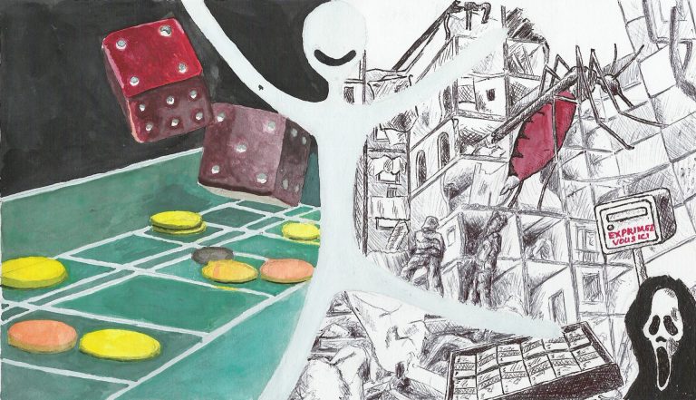 Gemälde mit springenden Würfeln auf einem Casino-Tisch links, einem  zerstörten Gebäude mit Rieseninsekt und Soldaten rechts, getrennt von  einem großen, lächelnden Strichmännchen in der Mitte